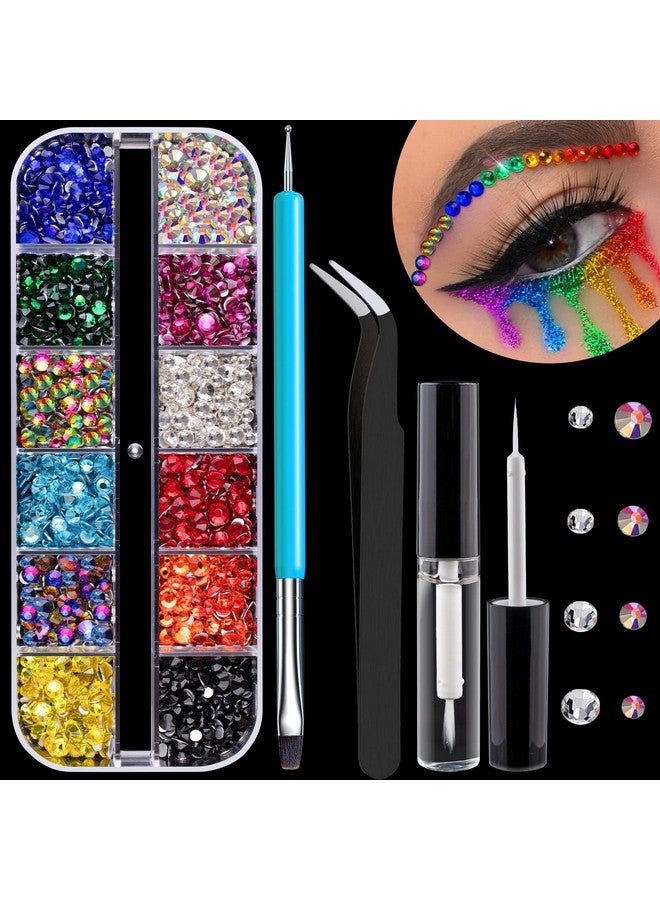 Round Flatback Face Gems Kit (Colorful) For Makeup With Quick Dry Glue + Brush + Tweezer Nail Art Rhinestones Mixed Color Iridescent Chameleon Glass Crystal Beads For Makeup Deco