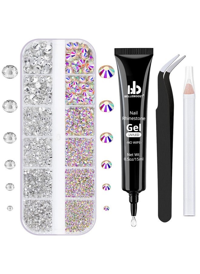 Nail Art Rhinestone Glue Gel&Flatback Gems Accessories Kit 1 Tube Of 15Ml Rhinestone Gel Glue(Uvled Needed)+1 Box Of Flatback Round Glass Crystal Ab&Clear Gemstones With Pickup Pencil And Tweezer