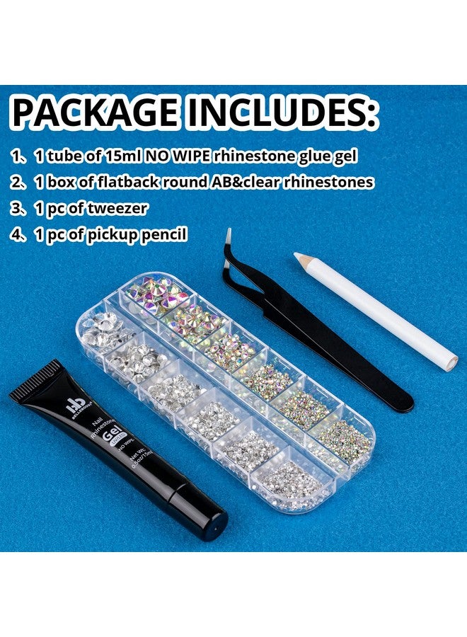 Nail Art Rhinestone Glue Gel&Flatback Gems Accessories Kit 1 Tube Of 15Ml Rhinestone Gel Glue(Uvled Needed)+1 Box Of Flatback Round Glass Crystal Ab&Clear Gemstones With Pickup Pencil And Tweezer