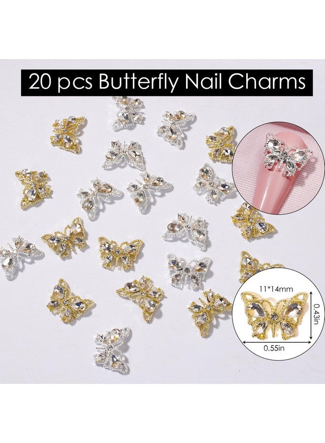 20Pcs Butterfly Nail Charms 3D Luxury Butterfly Nail Gems Gold Silver Butterfly Nail Diamond Shiny Nail Rhinestones For Acrylic Nails Nail Art Supplies Nail Gems For Women Girls Manicure