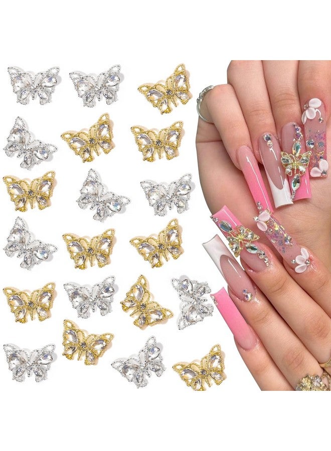 20Pcs Butterfly Nail Charms 3D Luxury Butterfly Nail Gems Gold Silver Butterfly Nail Diamond Shiny Nail Rhinestones For Acrylic Nails Nail Art Supplies Nail Gems For Women Girls Manicure