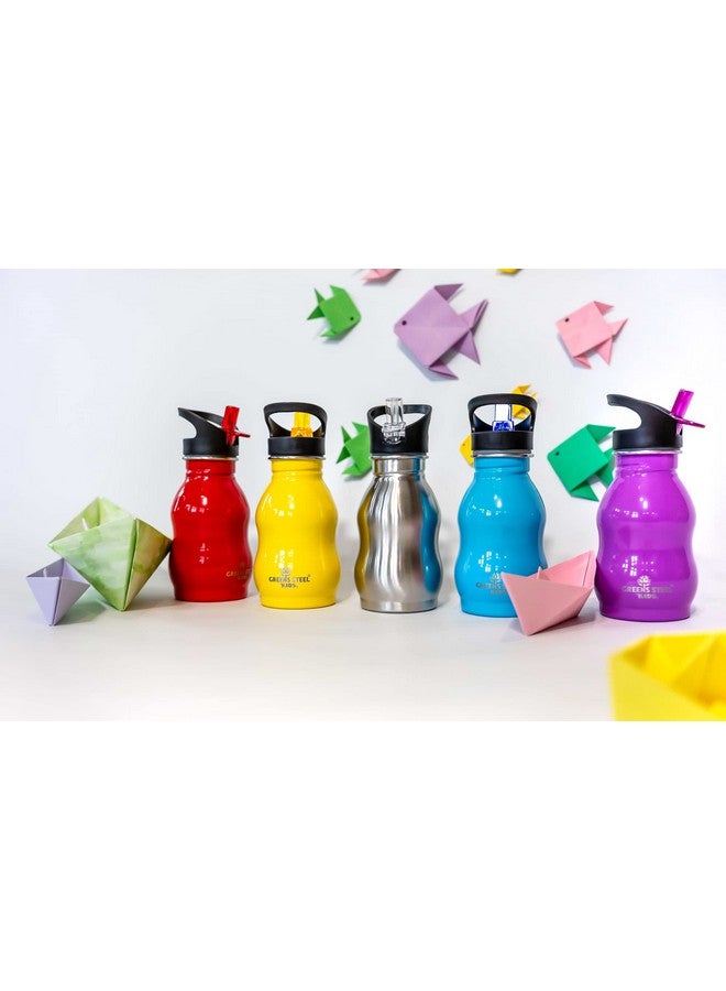 Kids Water Bottle With Straw & Handle 12 Oz Silver Eco Friendly Toddler Cups With Straws Easy Sip Metal Water Bottle For Kids Cute Stainless Steel Water Bottles For Children Leak Proof Lid