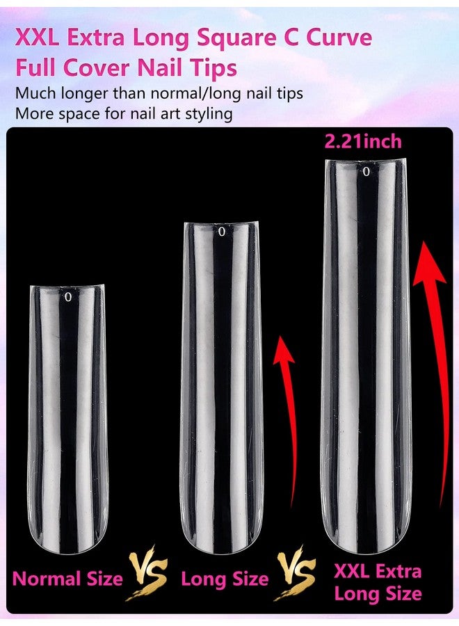 504Pcs Clear Square Nail Tips For Acrylic Nails Professional Xxlxxxl Extra Long Tapered Square Straight Acrylic Nail Tips Full Cover No C Curve False Nail Extension Tips For Manicure Salon Nail Art