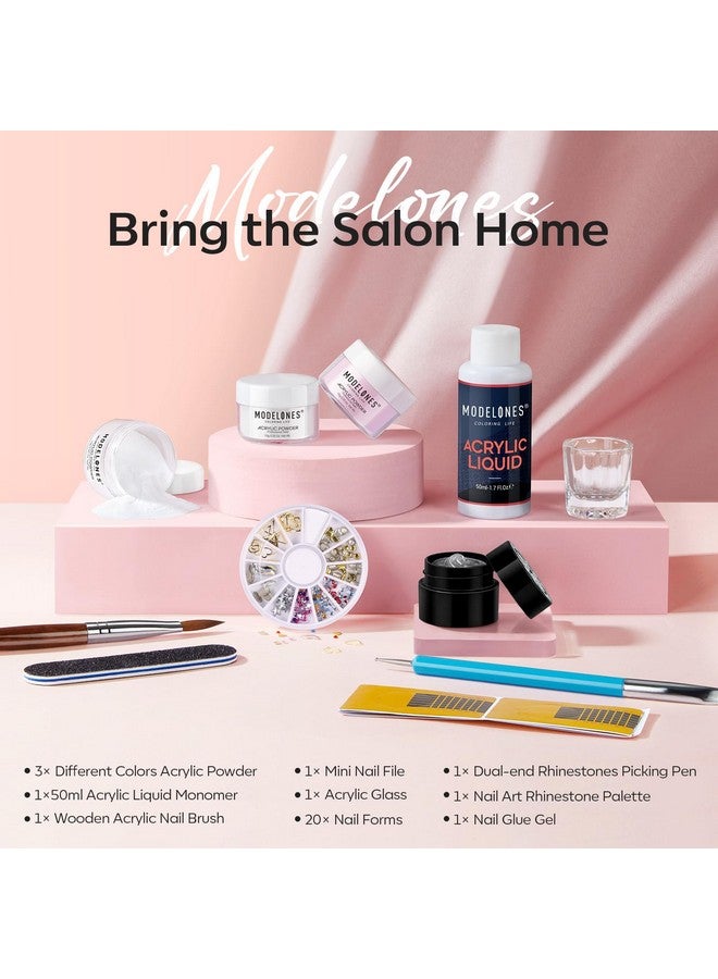 Acrylic Nail Kit Clearwhitepink Acrylic Powder And Liquid Set With Rhinestone Glue Acrylic Nail Brush Unified Combo Starter Kit For Acrylic Nail Extension Beginner