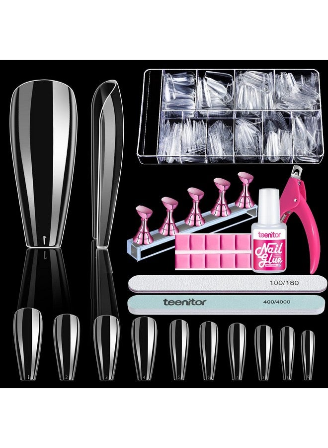 600Pcs Clear Coffin Nail Tips Acrylic Nail Kit Clear Press On Nails Long Fake Nails Coffin Nail Tips Full Cover Acrylic Nail Clipper Nail Stand For False Nails