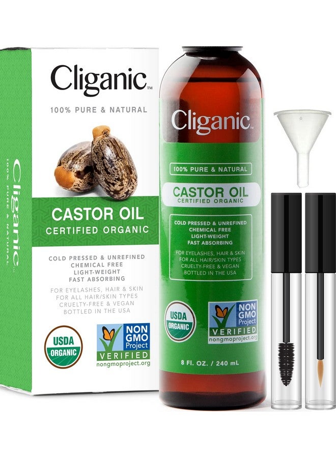 Usda Organic Castor Oil 100% Pure (8Oz With Eyelash Kit) For Eyelashes Eyebrows Hair & Skin Natural Cold Pressed Unrefined Hexanefree