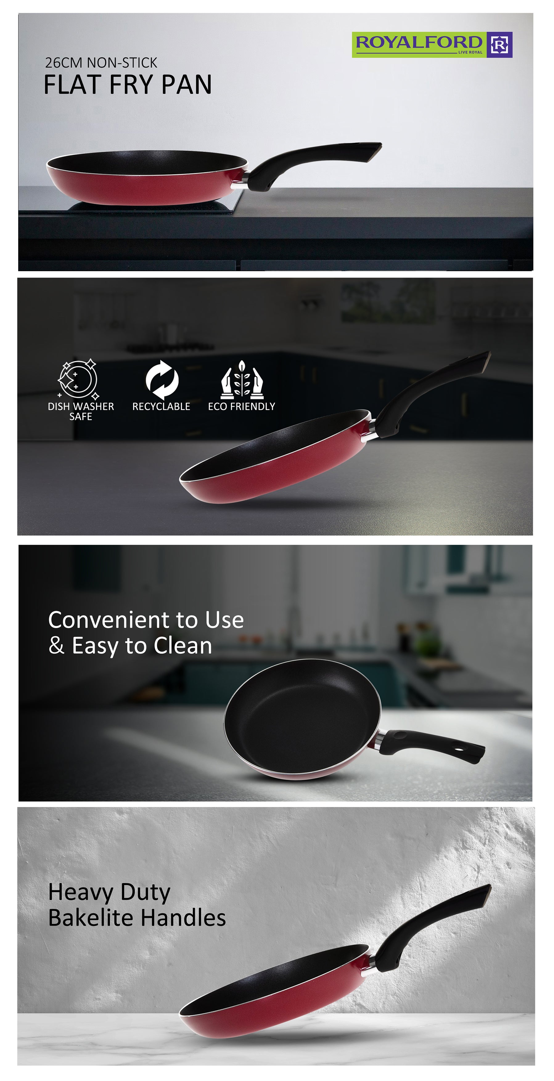 Aluminum 3 Layer Non-Stick Coating Fry Pan with  Ergonomic Handle Red 26.0cm