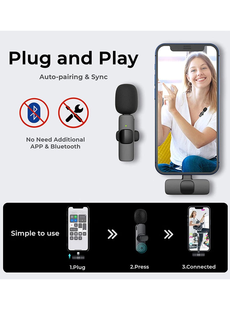 Upgraded Plug Play Wireless Lapel Lavalier Microphone for iPhone iPad Recording YouTube Facebook Live Stream Vlog Auto-Sync Wireless Mic with 2 Clips No Need App Bluetooth
