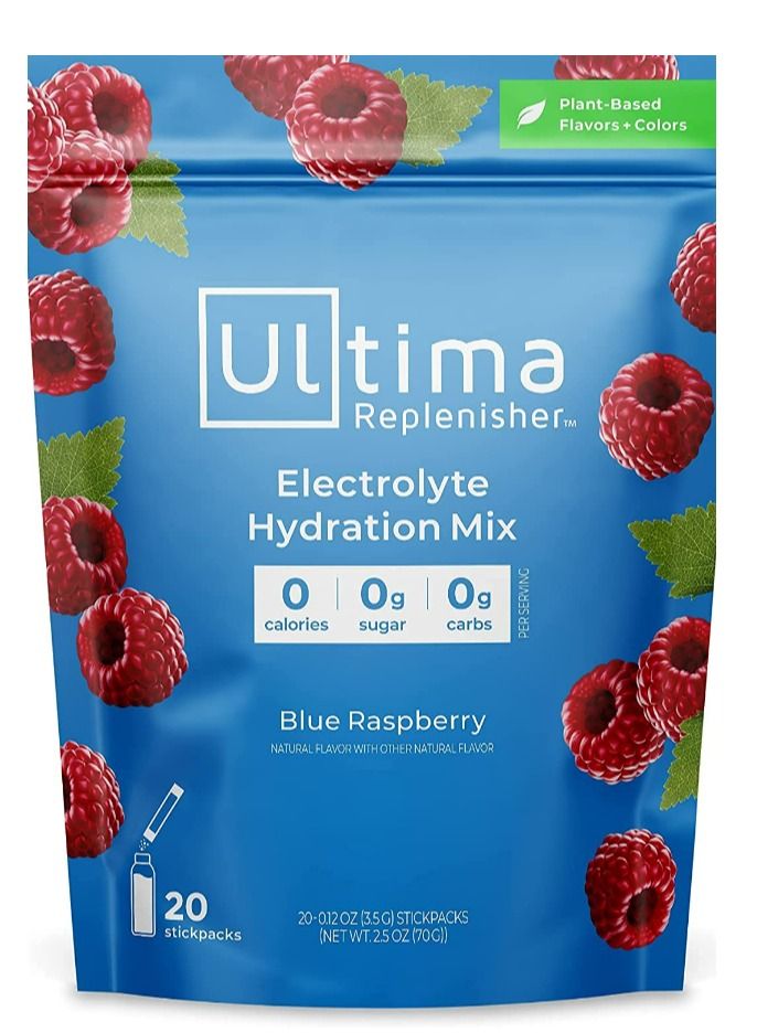 Ultima Replenisher Electrolyte Hydration Powder, Blue Raspberry, 20 Stickpacks Pouch