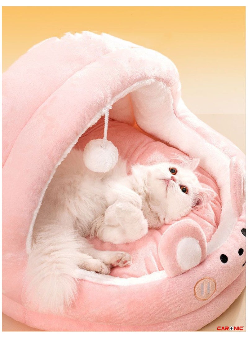 Beds For Indoor Cats And Small Dog With Anti-Slip Bottom With Hanging Toy With Removable Cotton Pad Super Soft Calming Pet Sofa Pink White