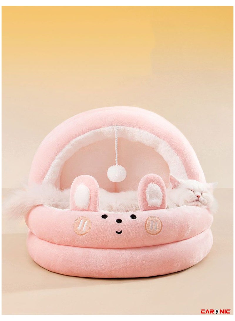 Beds For Indoor Cats And Small Dog With Anti-Slip Bottom With Hanging Toy With Removable Cotton Pad Super Soft Calming Pet Sofa Pink White