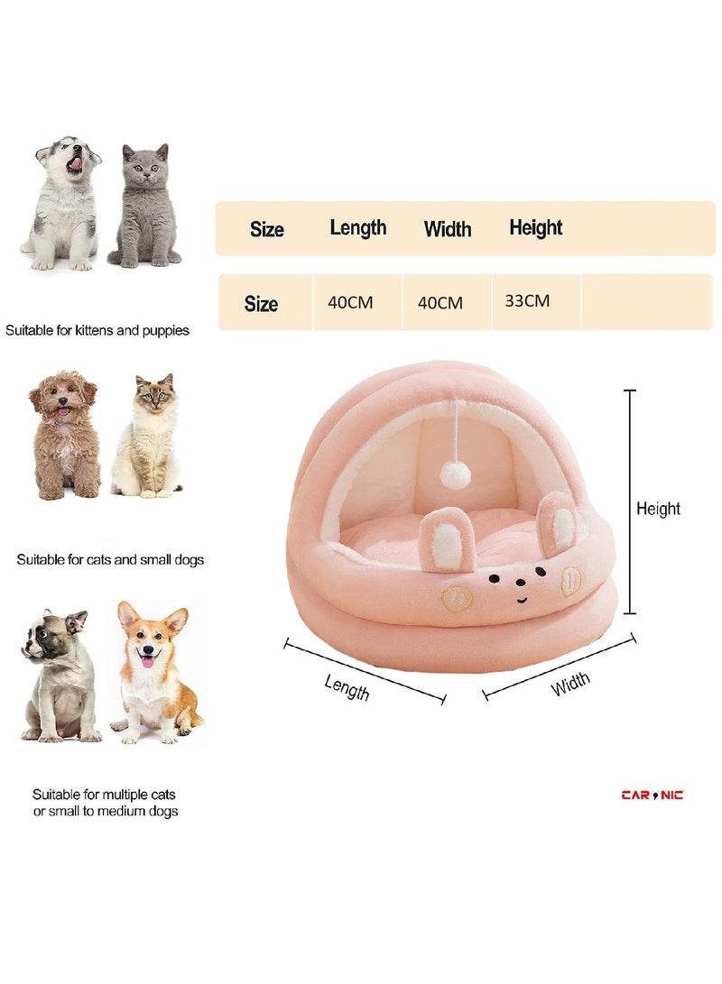 Beds For Indoor Cats And Small Dog With Anti-Slip Bottom With Hanging Toy With Removable Cotton Pad Super Soft Calming Pet Sofa Pink White