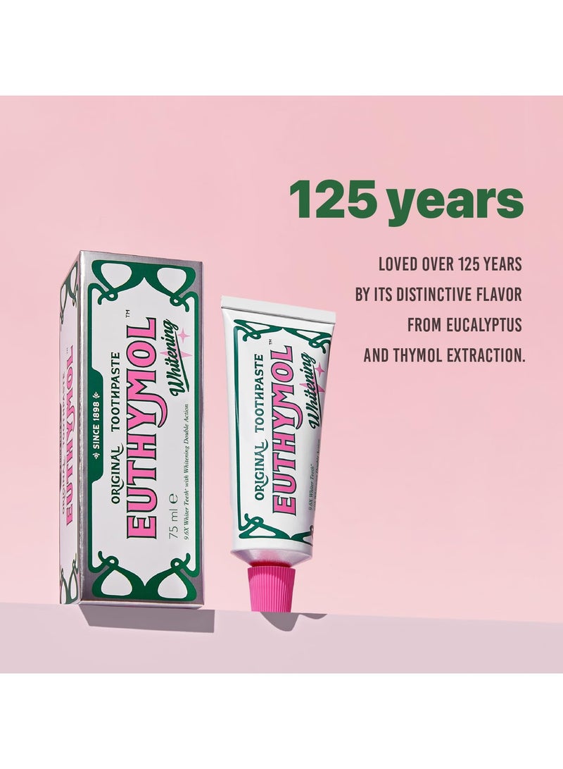 Euthymol Whitening Toothpaste 75ml, Contains Fluoride Vitamin E, Non-GMO Gluten Free, Plaque Removal Cavity Protection Antibacterial, White Clean Teeth, Freshens Breath Refreshing Dental Care