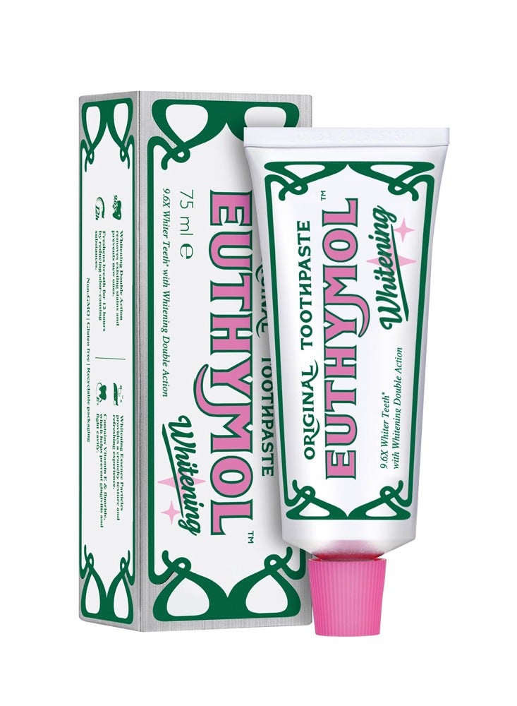 Euthymol Whitening Toothpaste 75ml, Contains Fluoride Vitamin E, Non-GMO Gluten Free, Plaque Removal Cavity Protection Antibacterial, White Clean Teeth, Freshens Breath Refreshing Dental Care