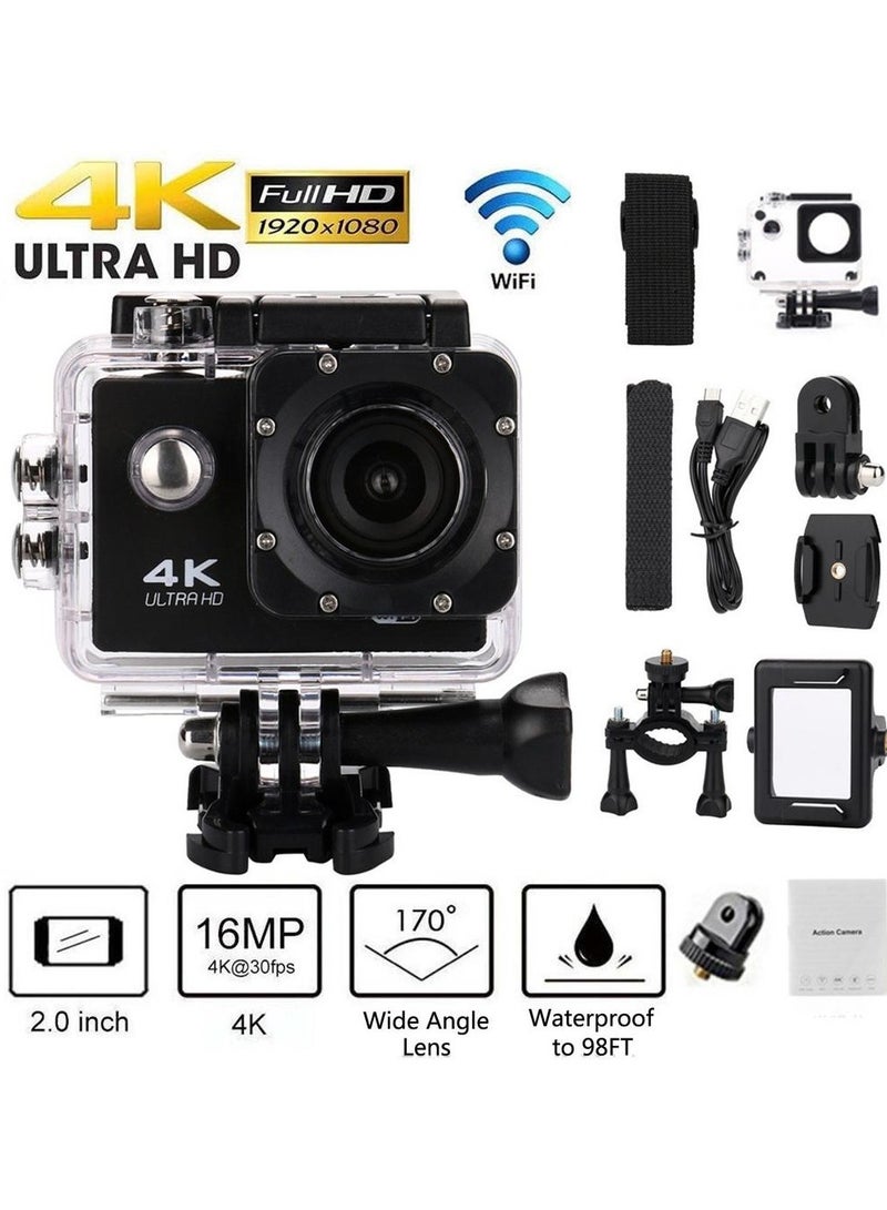 Ultra HD Action Camera 4K 30fps, 30m/98ft Waterproof, 170° Wide Angle Underwater Camera with WiFi, 2