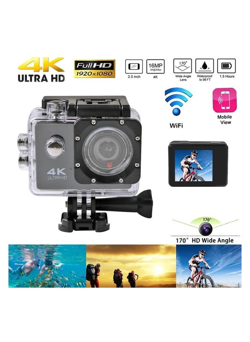 Ultra HD Action Camera 4K 30fps, 30m/98ft Waterproof, 170° Wide Angle Underwater Camera with WiFi, 2