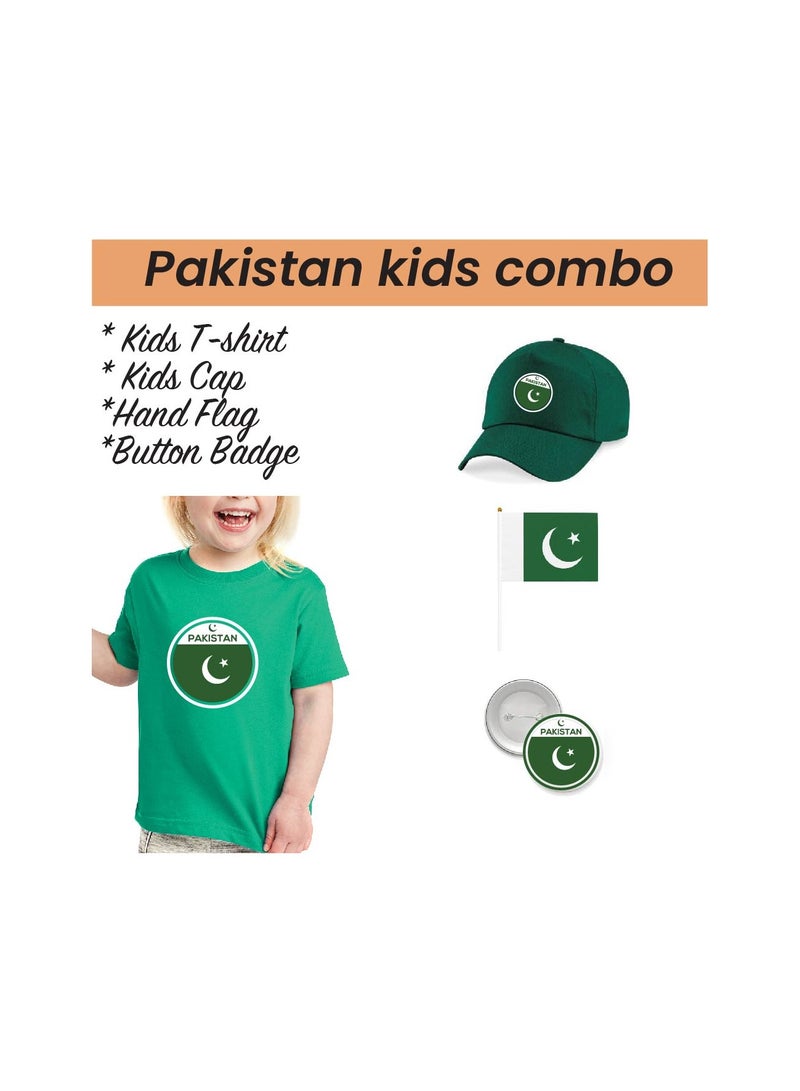 Pakistan Independence Day T Shirt for Girls, Cap, Badge, Flag Set Celebrate Pakistan Independence Day with this Kids Combo Pack in Style