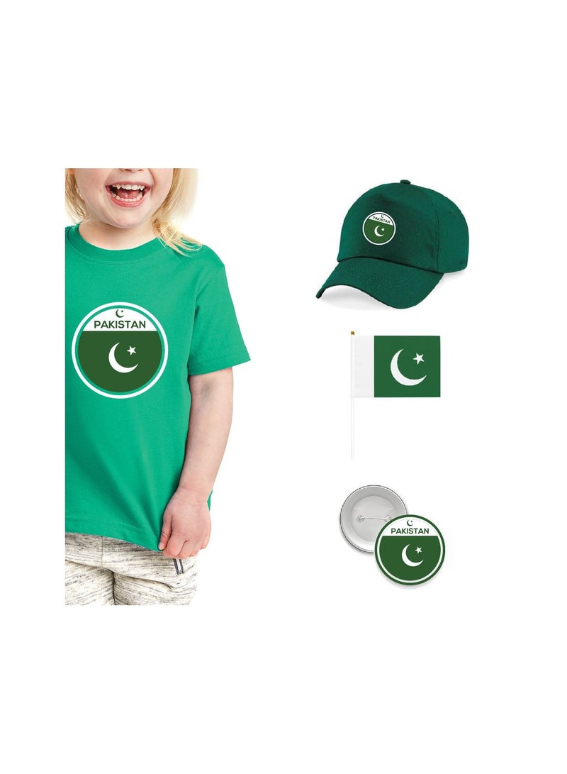 Pakistan Independence Day T Shirt for Girls, Cap, Badge, Flag Set Celebrate Pakistan Independence Day with this Kids Combo Pack in Style