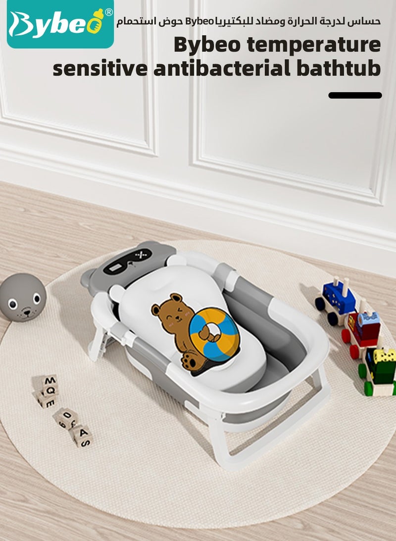 13 PCS Baby Bath Tub Foldable Bathtub With Temperature Sensing + Bathmat Cushion + Shower Cap + Washing Hair Shower Shampoo Brush *1 + Duckling toys *4 + Ocean Balls *5
