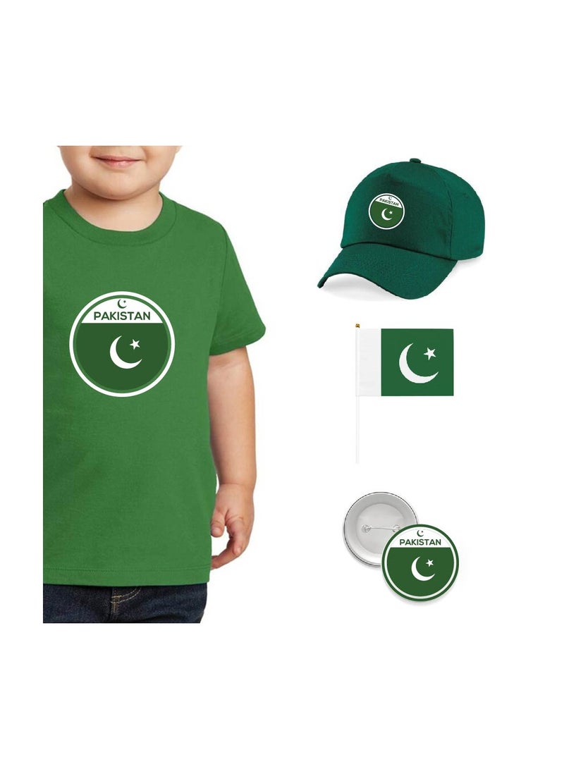 Pakistan Independence Day T Shirt for Boys, Cap, Badge, Flag Set Celebrate Pakistan Independence Day with this Kids Combo Pack in Style