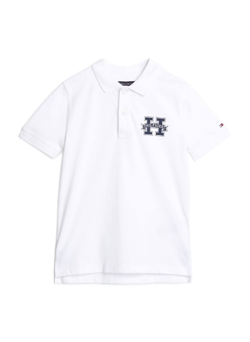 Boys' Regular Fit Varsity Letter Polo -  Pure cotton, White