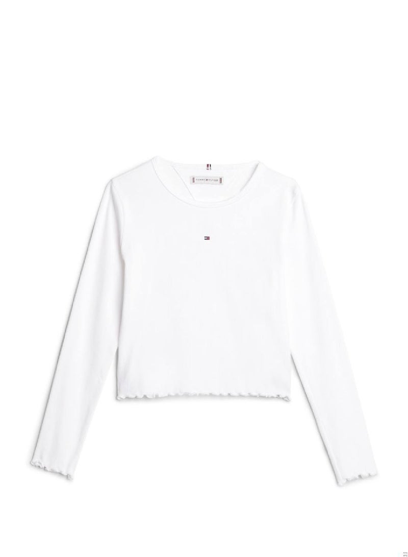 Girls' Essential Ruffled Trim Long Sleeve T-Shirt -  Stretch cotton, White