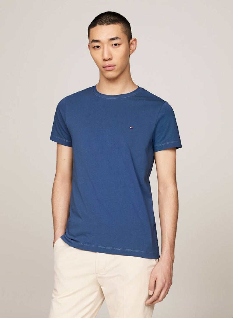 Men's Flag Embroidery Extra Slim Fit T-Shirt -  Stretch cotton, Blue