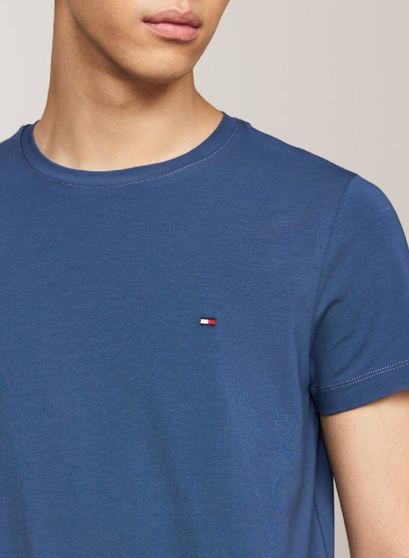 Men's Flag Embroidery Extra Slim Fit T-Shirt -  Stretch cotton, Blue