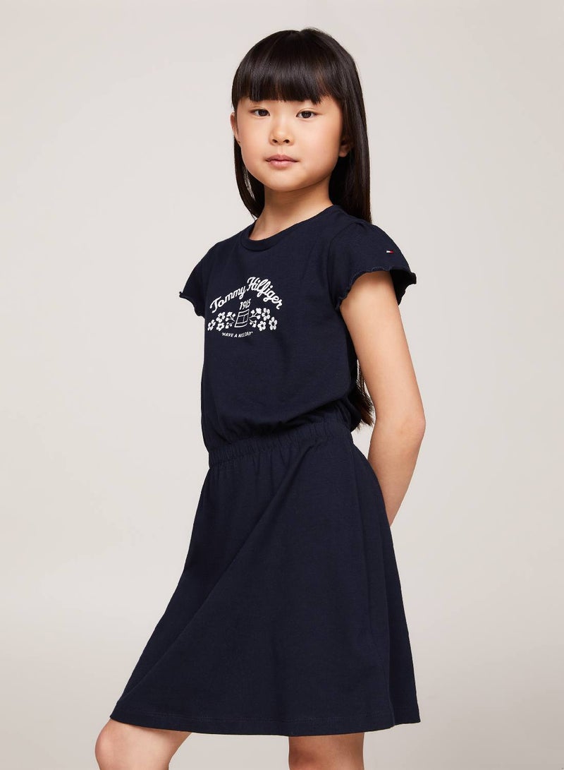 Girls' Flower Fit Flare Dress - Cotton, Blue