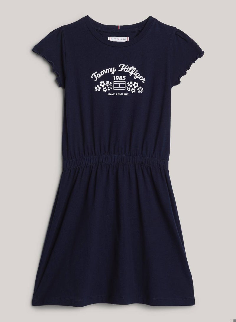 Girls' Flower Fit Flare Dress - Cotton, Blue