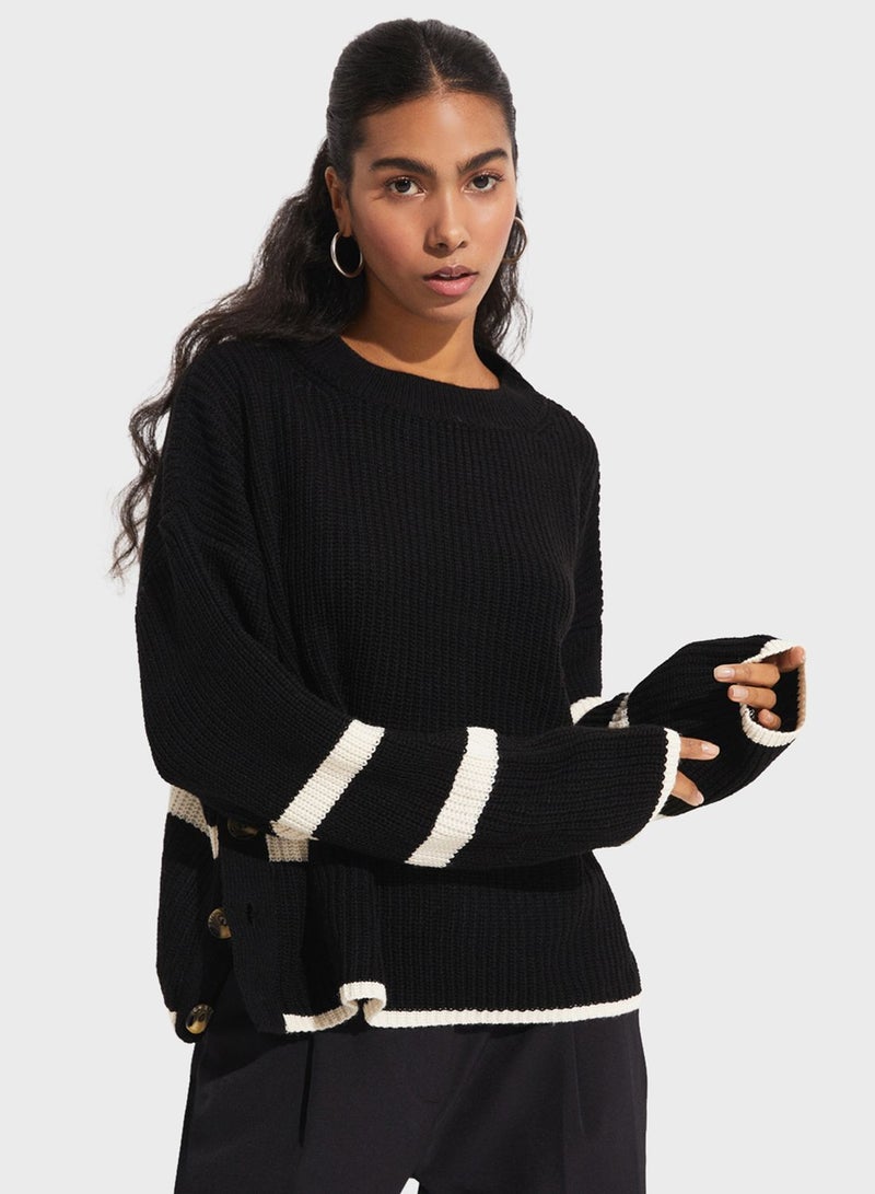 Striped Detail Crew Neck Knitted Sweater