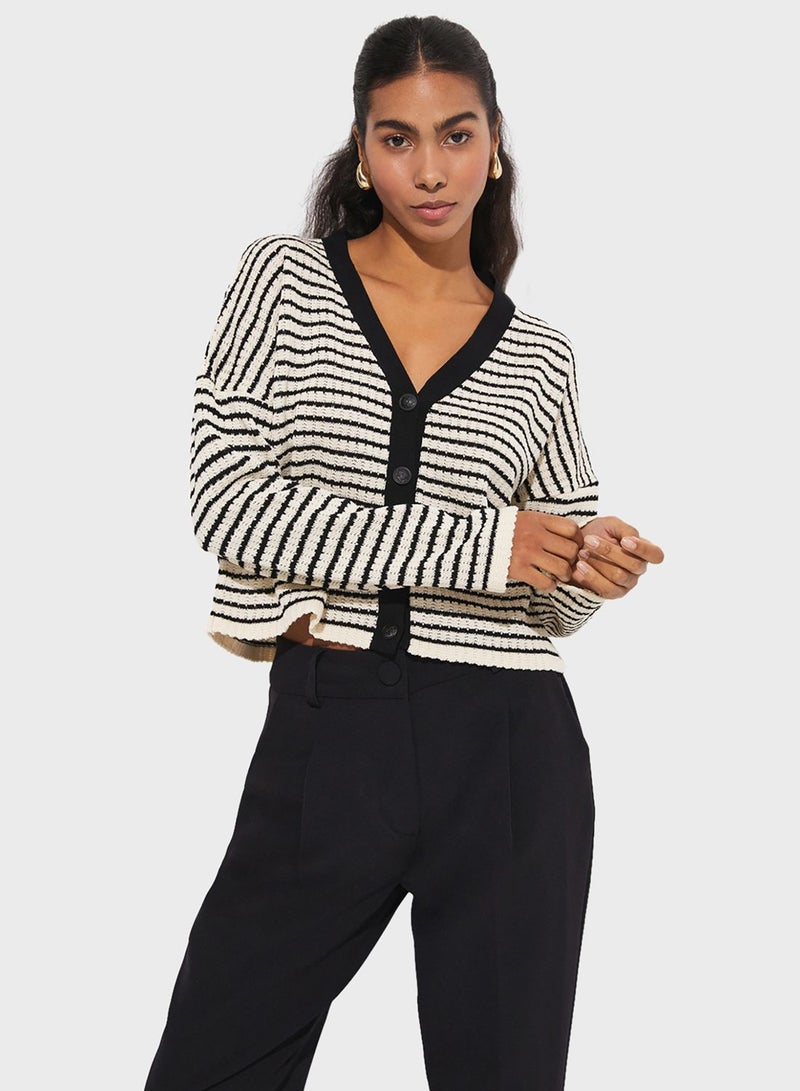 V-Neck Knitted Striped Cardigan