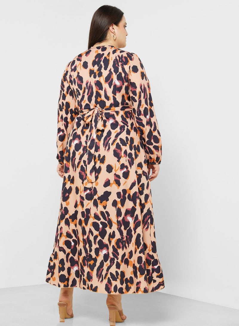 Leopard Print Wrap Midi Dress