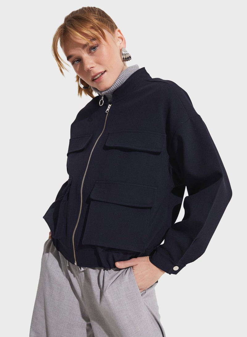 Pocket Detail Zip Through Bomber Jacket