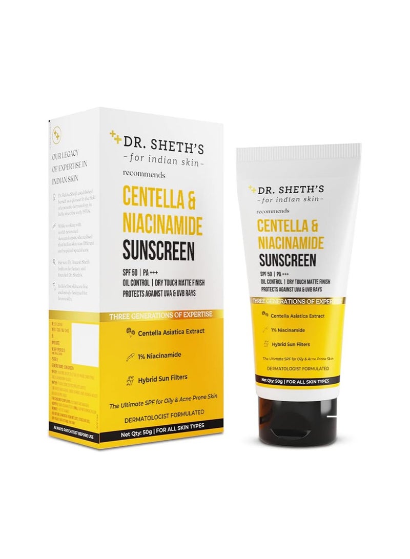 Dr. Sheth's Centella & Niacinamide Sunscreen Spf 50 Pa+++ For Oily&Acne-Prone Skin, Water-Resistant, Protects Against Uva & Uvb Rays For Unisex, 50g