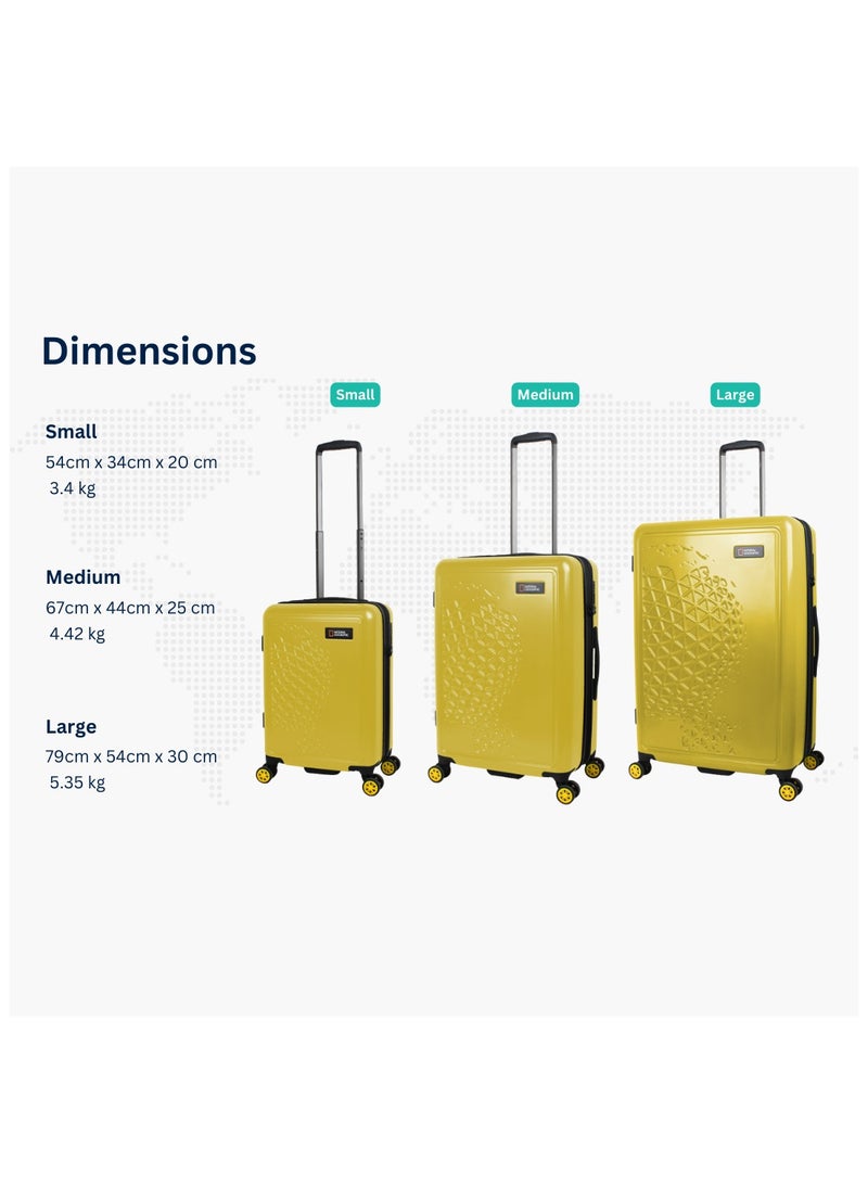 National Geographic Globe ABS Hardshell Luggage Set, Durable Lightweight Travel Suitcase, 4 Double Wheel Trolley Bag with TSA Combination Lock 3pcs Yellow (20+24+28 Inch).