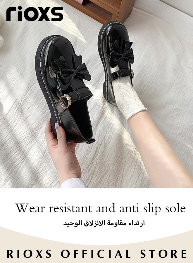 Women's Vintage Lolita Patent Leather Bowknot Mules Shoes Flat Mary Jane Shoes Casual Round Toe Shoes