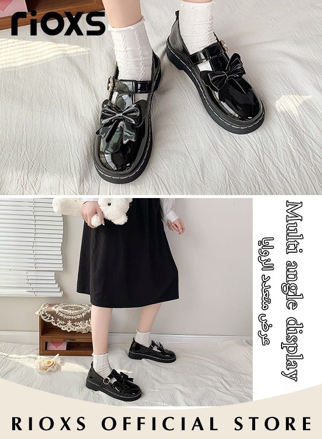 Women's Vintage Lolita Patent Leather Bowknot Mules Shoes Flat Mary Jane Shoes Casual Round Toe Shoes