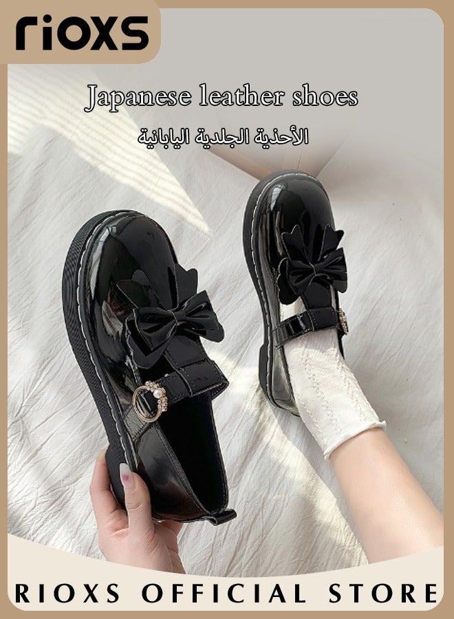 Women's Vintage Lolita Patent Leather Bowknot Mules Shoes Flat Mary Jane Shoes Casual Round Toe Shoes