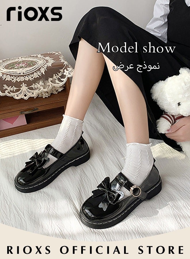 Women's Vintage Lolita Patent Leather Bowknot Mules Shoes Flat Mary Jane Shoes Casual Round Toe Shoes