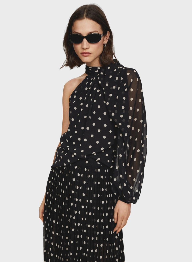 Asymmetric One Shoulder Polka Dot Blouse