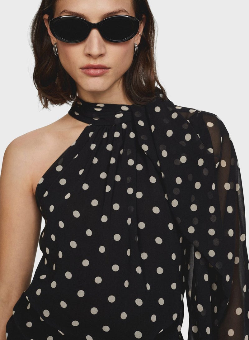 Asymmetric One Shoulder Polka Dot Blouse