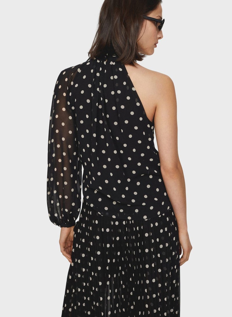 Asymmetric One Shoulder Polka Dot Blouse