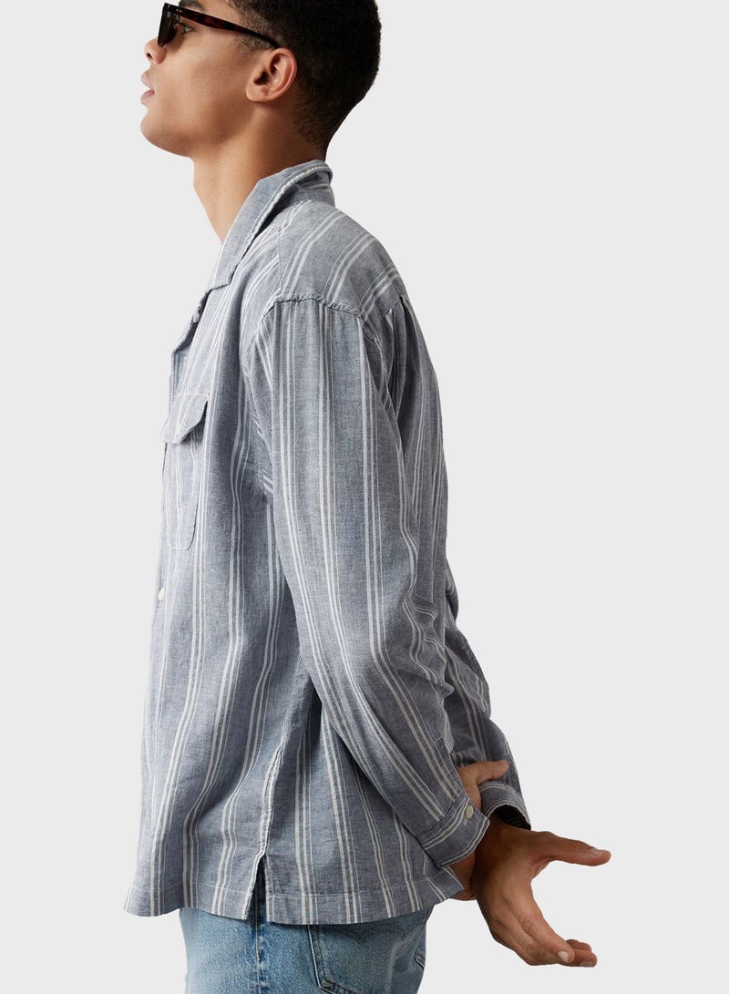 Linen-Blend Mechanic Regular Fit  Striped Shirt