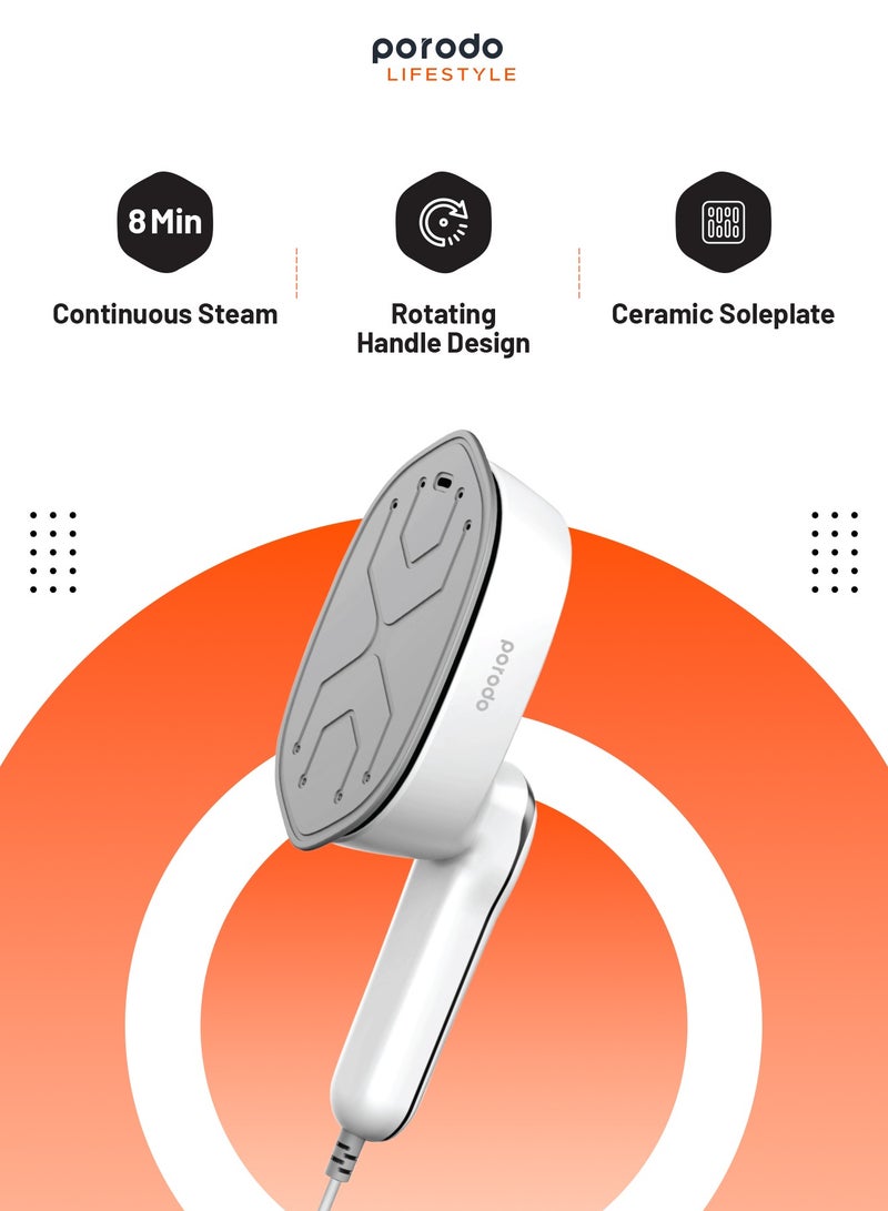 Compact Portable Steam & Heat Iron with Rotating Handle for travel with 120ml Water Tank Capacity/ Ceramic Soleplate / Handheld Steam / Flat Iron Dry & Wet / Garment Steamer 1100W - White