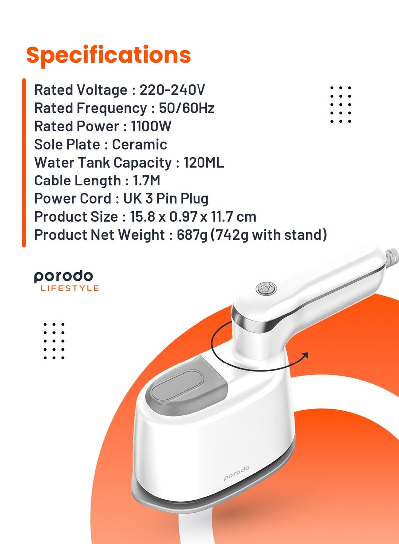 Compact Portable Steam & Heat Iron with Rotating Handle for travel with 120ml Water Tank Capacity/ Ceramic Soleplate / Handheld Steam / Flat Iron Dry & Wet / Garment Steamer 1100W - White