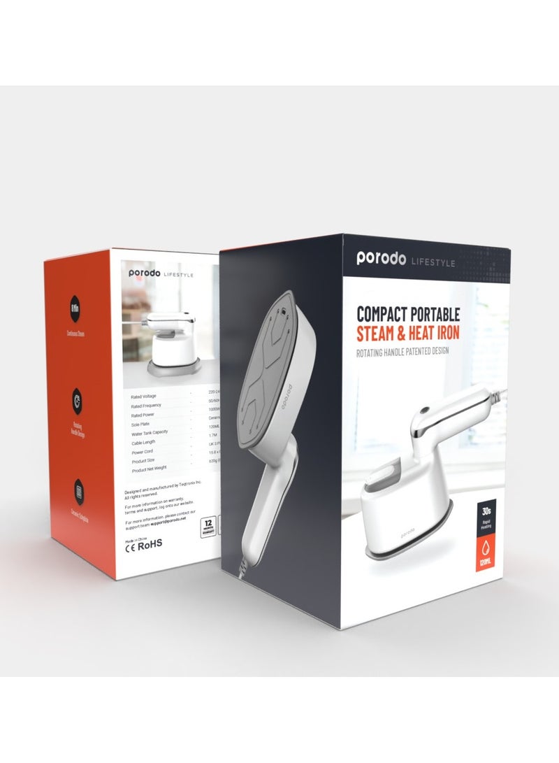 Compact Portable Steam & Heat Iron with Rotating Handle for travel with 120ml Water Tank Capacity/ Ceramic Soleplate / Handheld Steam / Flat Iron Dry & Wet / Garment Steamer 1100W - White