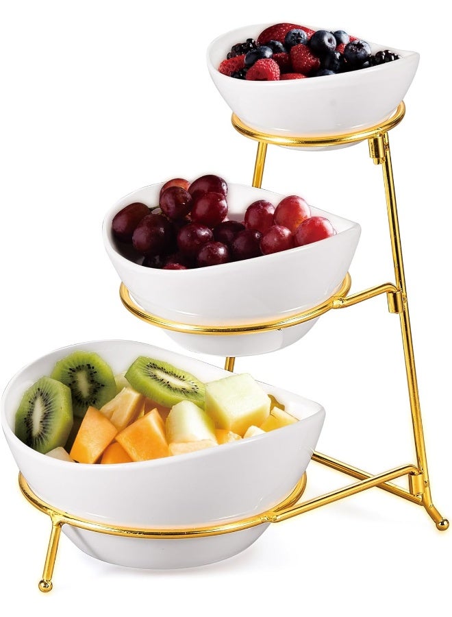 3 Tier Serving Bowl With Gold Stand Tied Serving Tray Food Display Dessert Appetizer Serving Bowl With Metal Rack Porcelain Fruit Bowl For Kitchen Counter