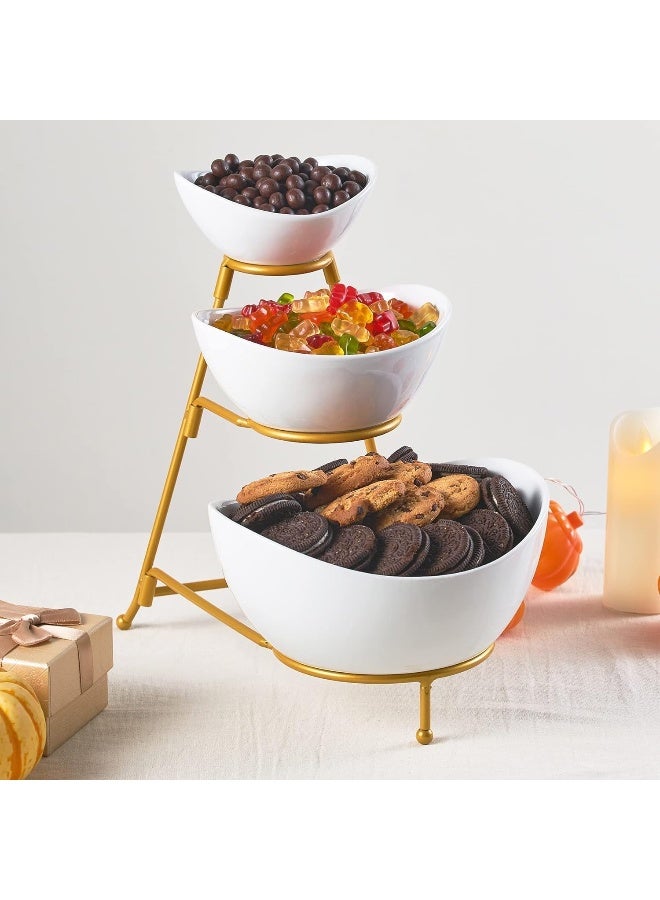 3 Tier Serving Bowl With Gold Stand Tied Serving Tray Food Display Dessert Appetizer Serving Bowl With Metal Rack Porcelain Fruit Bowl For Kitchen Counter