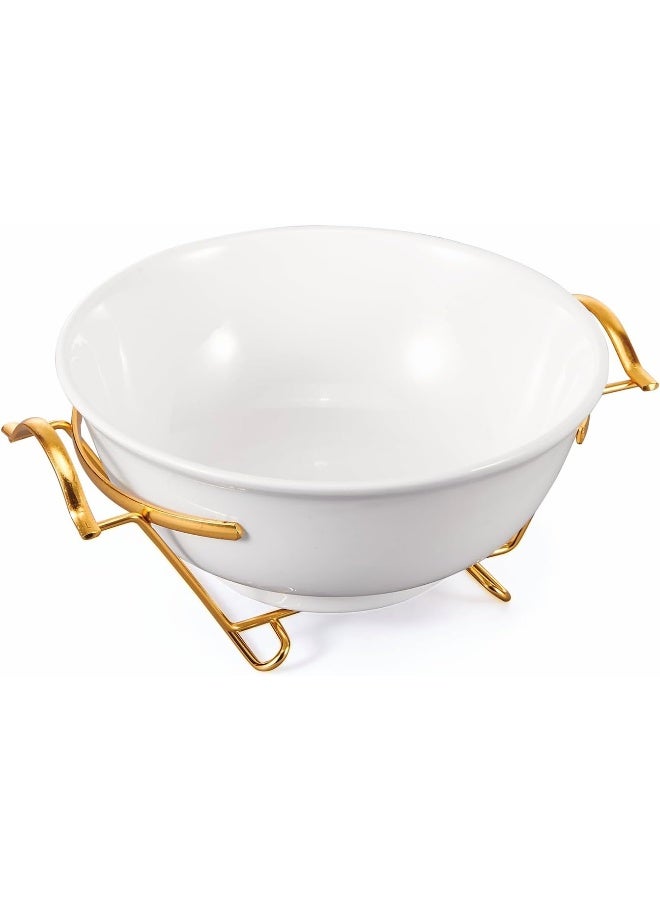 10.8“ Round Ceramic Serving Bowl With Gold Stand – Salad Bowl With Metal Rack - Fruit Basket For Fruit Vegetable Storage Snack Nuts Cake Dessert